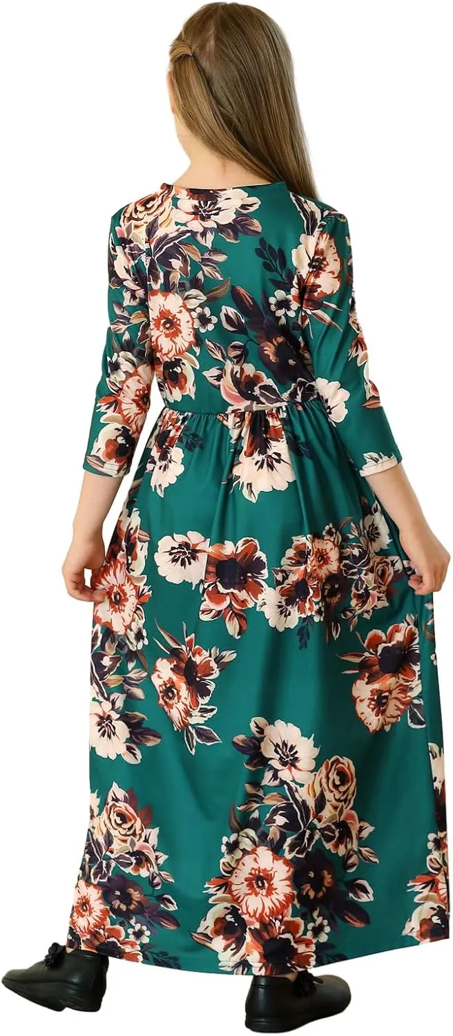 21KIDS Girls Maxi Dress Floral 3/4 Long Sleeve Dresses with Pockets for Girls 6-12 Years