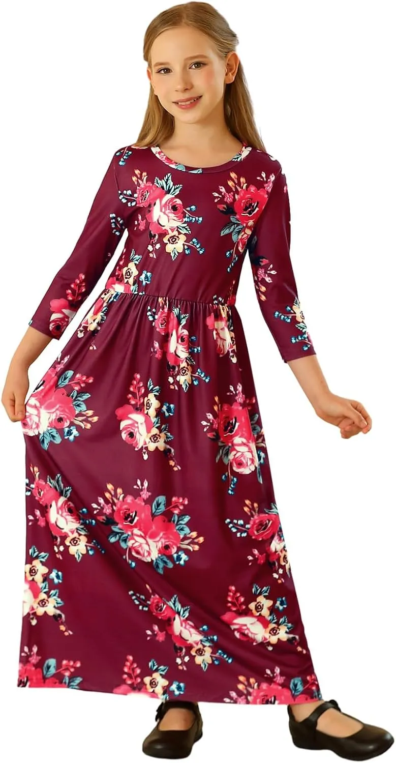 21KIDS Girls Maxi Dress Floral 3/4 Long Sleeve Dresses with Pockets for Girls 6-12 Years