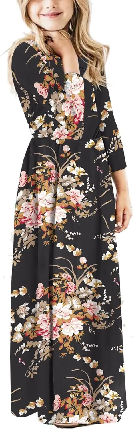 21KIDS Girls Maxi Dress Floral 3/4 Long Sleeve Dresses with Pockets for Girls 6-12 Years