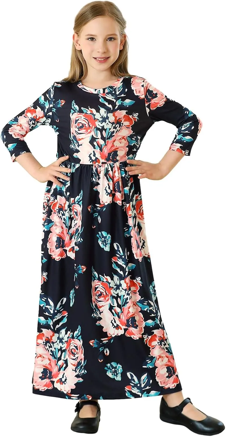 21KIDS Girls Maxi Dress Floral 3/4 Long Sleeve Dresses with Pockets for Girls 6-12 Years