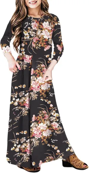 21KIDS Girls Maxi Dress Floral 3/4 Long Sleeve Dresses with Pockets for Girls 6-12 Years