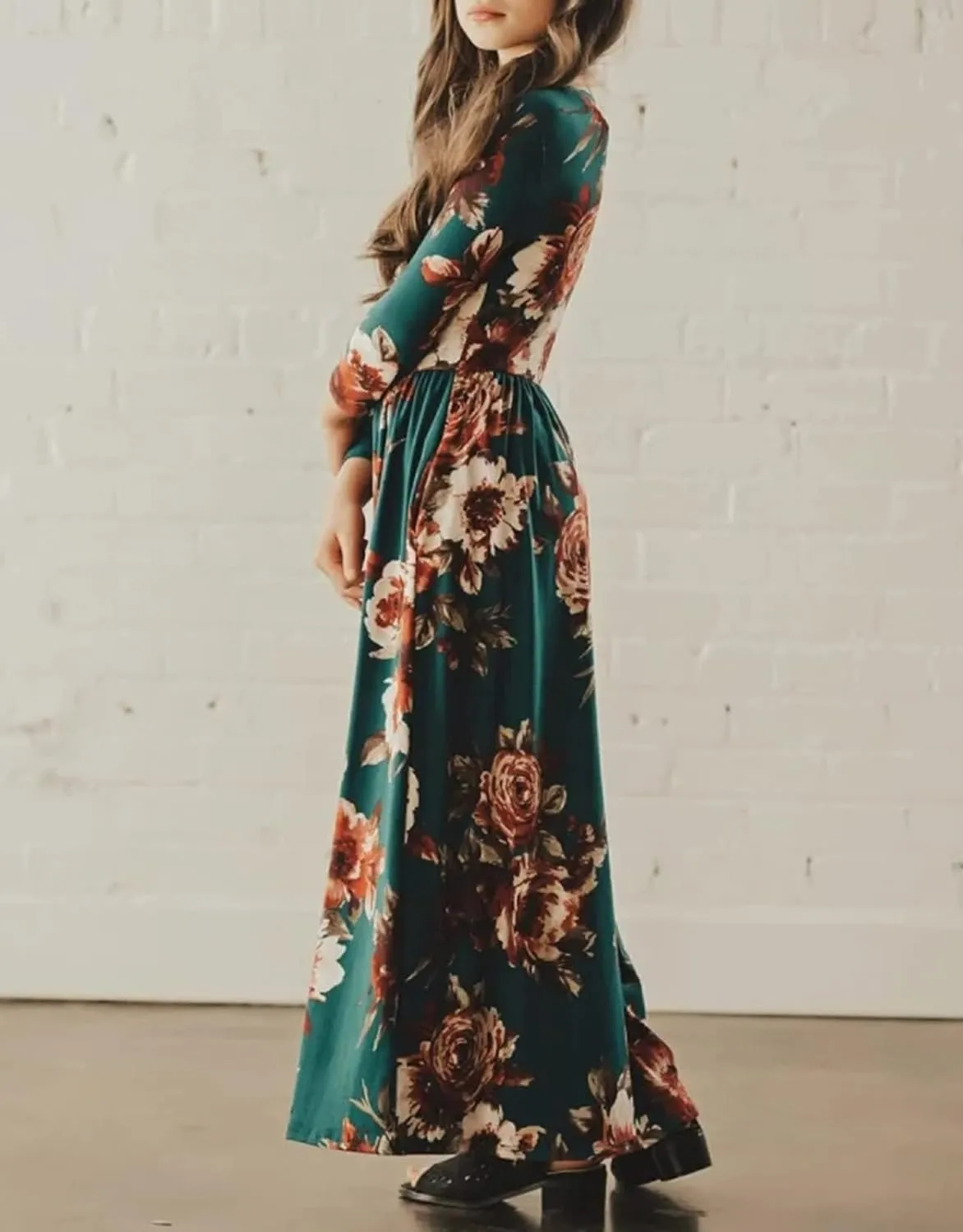 21KIDS Girls Maxi Dress Floral 3/4 Long Sleeve Dresses with Pockets for Girls 6-12 Years