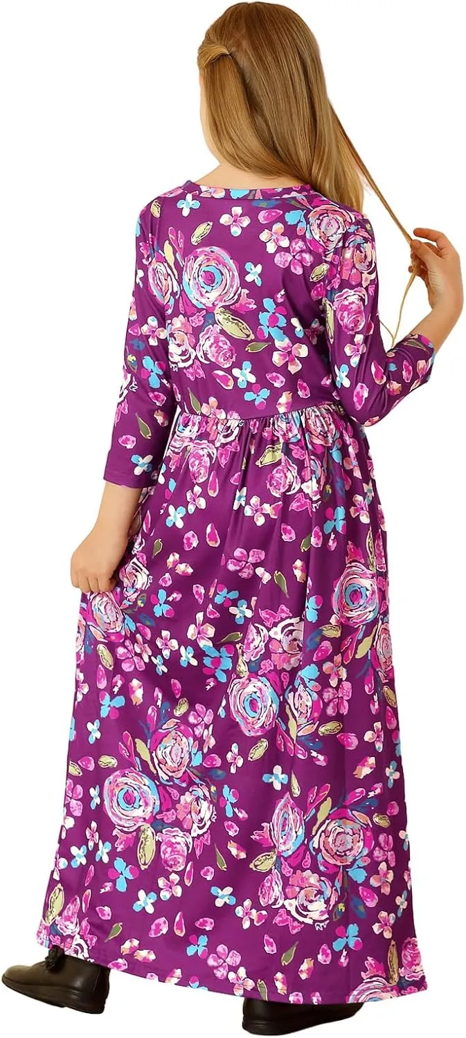 21KIDS Girls Maxi Dress Floral 3/4 Long Sleeve Dresses with Pockets for Girls 6-12 Years