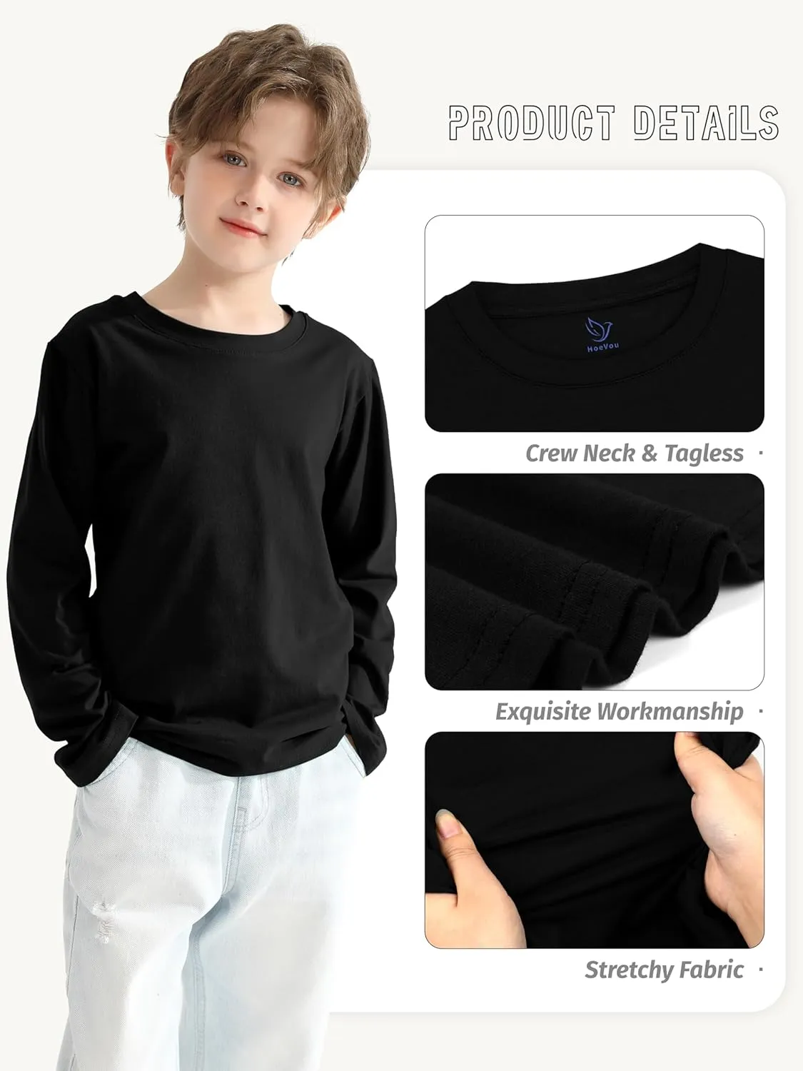 5 Pack Boys Long Sleeve Shirts Cotton T-Shirts Youth Boys Long Sleeve Shirts Multipack Basic Tees Tagless