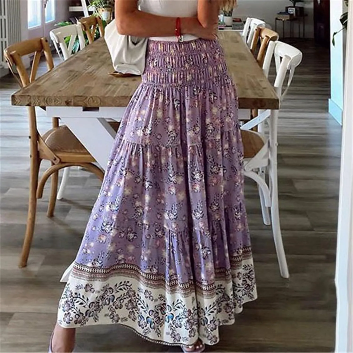 A Line Skirt for Women Bohemian Floral Print Smocked Waist Pleated Ruffle Maxi Skirts Summer Causal Beach Boho Skirt