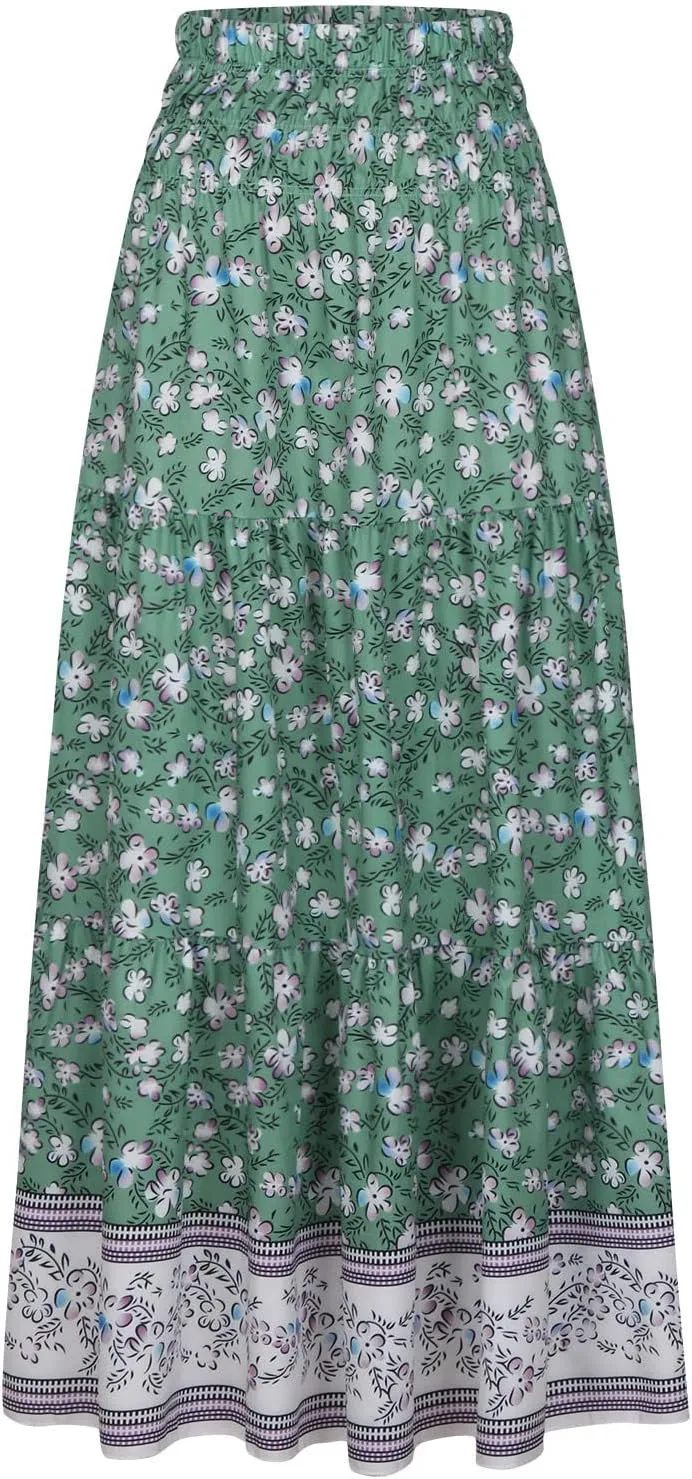A Line Skirt for Women Bohemian Floral Print Smocked Waist Pleated Ruffle Maxi Skirts Summer Causal Beach Boho Skirt