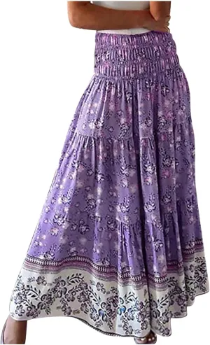 A Line Skirt for Women Bohemian Floral Print Smocked Waist Pleated Ruffle Maxi Skirts Summer Causal Beach Boho Skirt