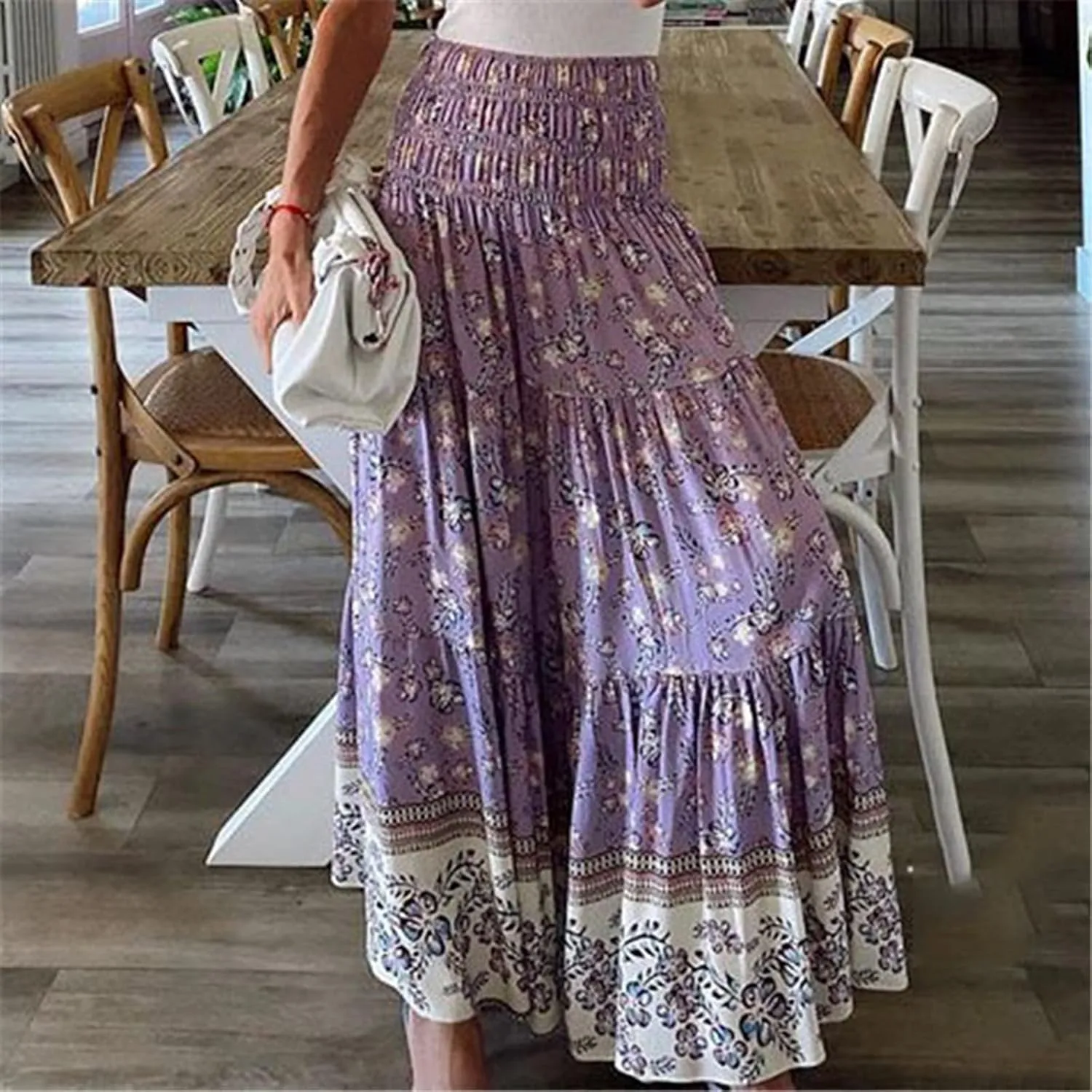 A Line Skirt for Women Bohemian Floral Print Smocked Waist Pleated Ruffle Maxi Skirts Summer Causal Beach Boho Skirt