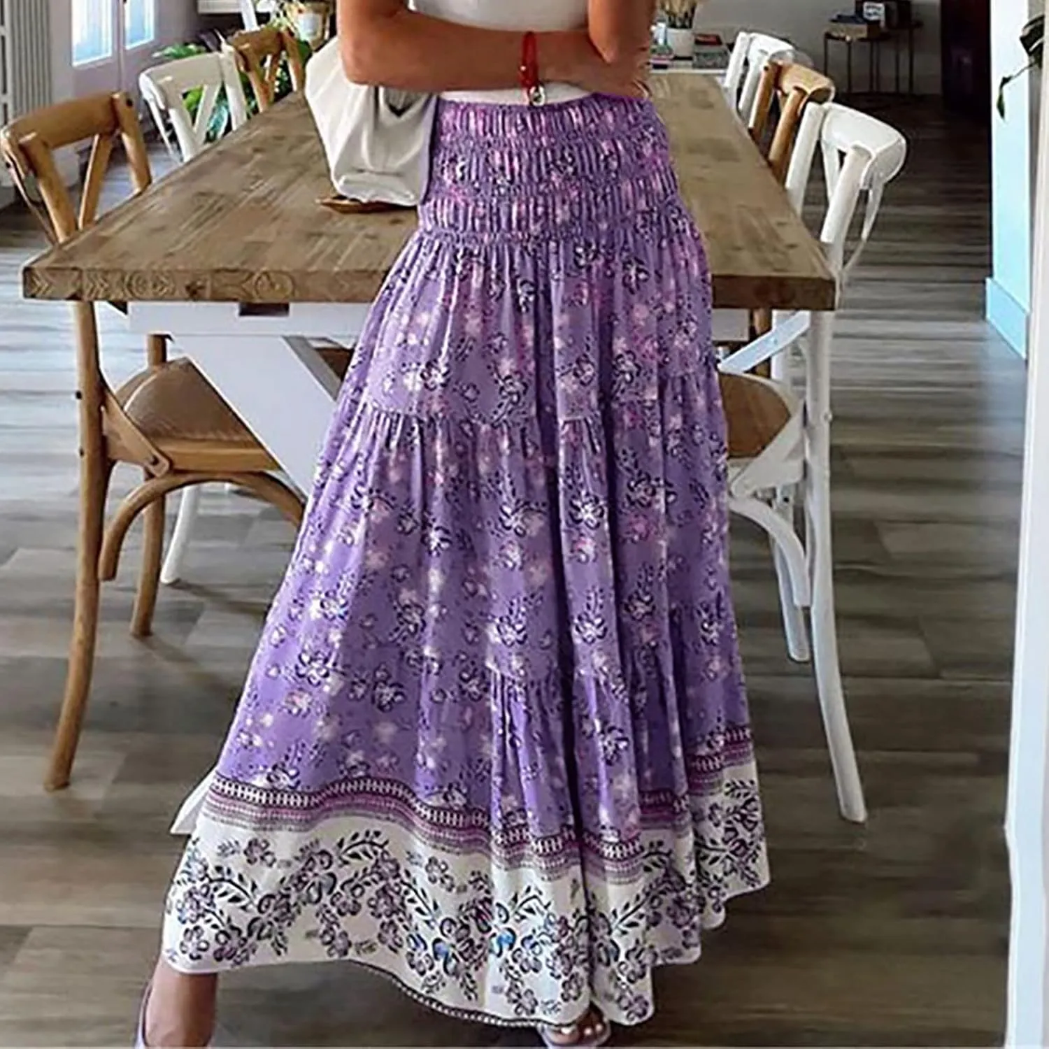 A Line Skirt for Women Bohemian Floral Print Smocked Waist Pleated Ruffle Maxi Skirts Summer Causal Beach Boho Skirt