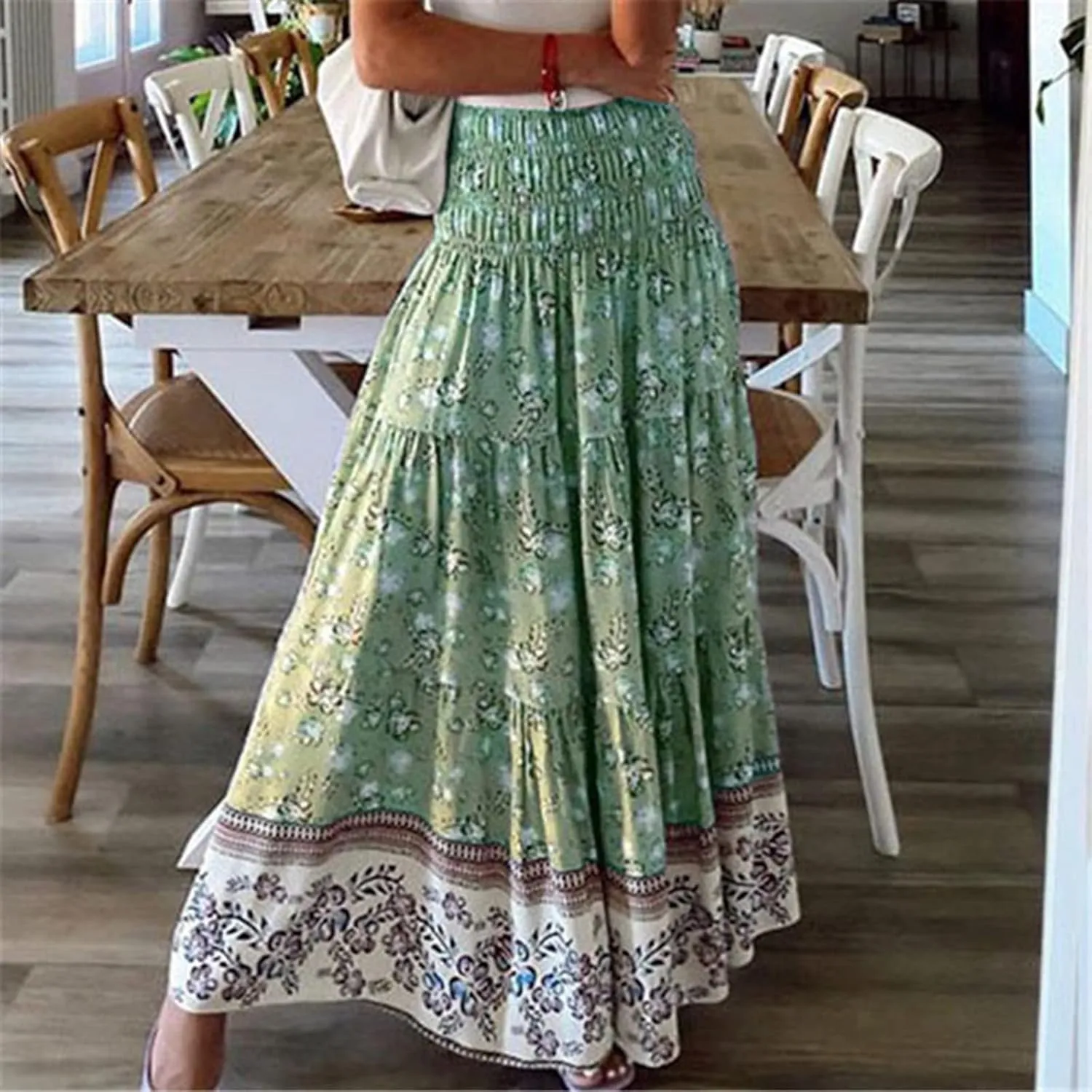 A Line Skirt for Women Bohemian Floral Print Smocked Waist Pleated Ruffle Maxi Skirts Summer Causal Beach Boho Skirt