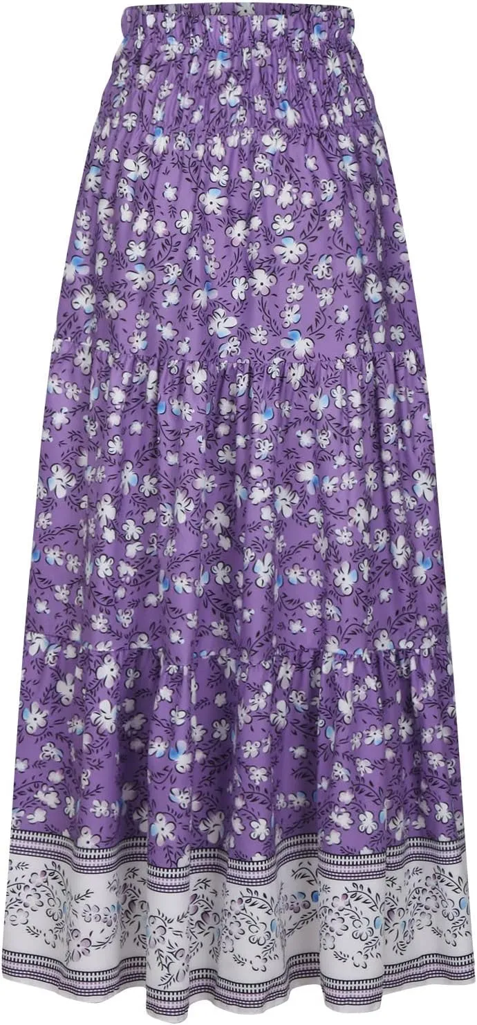 A Line Skirt for Women Bohemian Floral Print Smocked Waist Pleated Ruffle Maxi Skirts Summer Causal Beach Boho Skirt