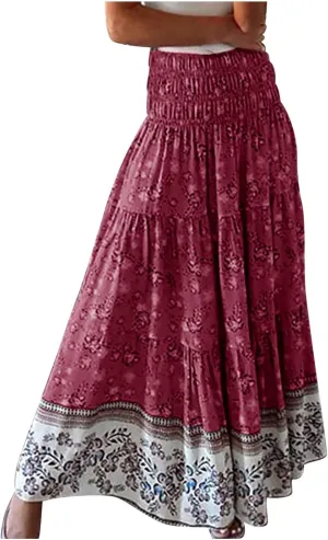 A Line Skirt for Women Bohemian Floral Print Smocked Waist Pleated Ruffle Maxi Skirts Summer Causal Beach Boho Skirt