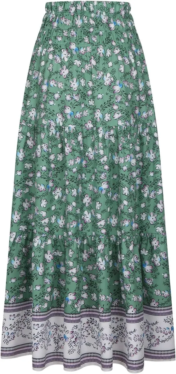 A Line Skirt for Women Bohemian Floral Print Smocked Waist Pleated Ruffle Maxi Skirts Summer Causal Beach Boho Skirt