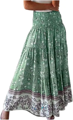 A Line Skirt for Women Bohemian Floral Print Smocked Waist Pleated Ruffle Maxi Skirts Summer Causal Beach Boho Skirt