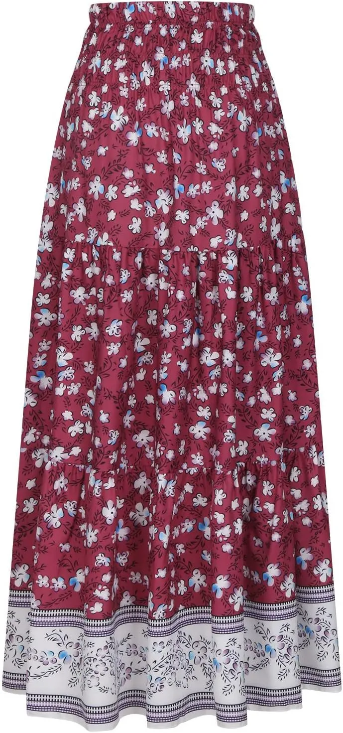 A Line Skirt for Women Bohemian Floral Print Smocked Waist Pleated Ruffle Maxi Skirts Summer Causal Beach Boho Skirt