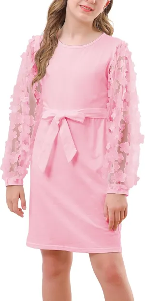 ALISISTER Girls Puff Dress Formal Mesh Sheer Long Sleeve Dresses 7-14 Years