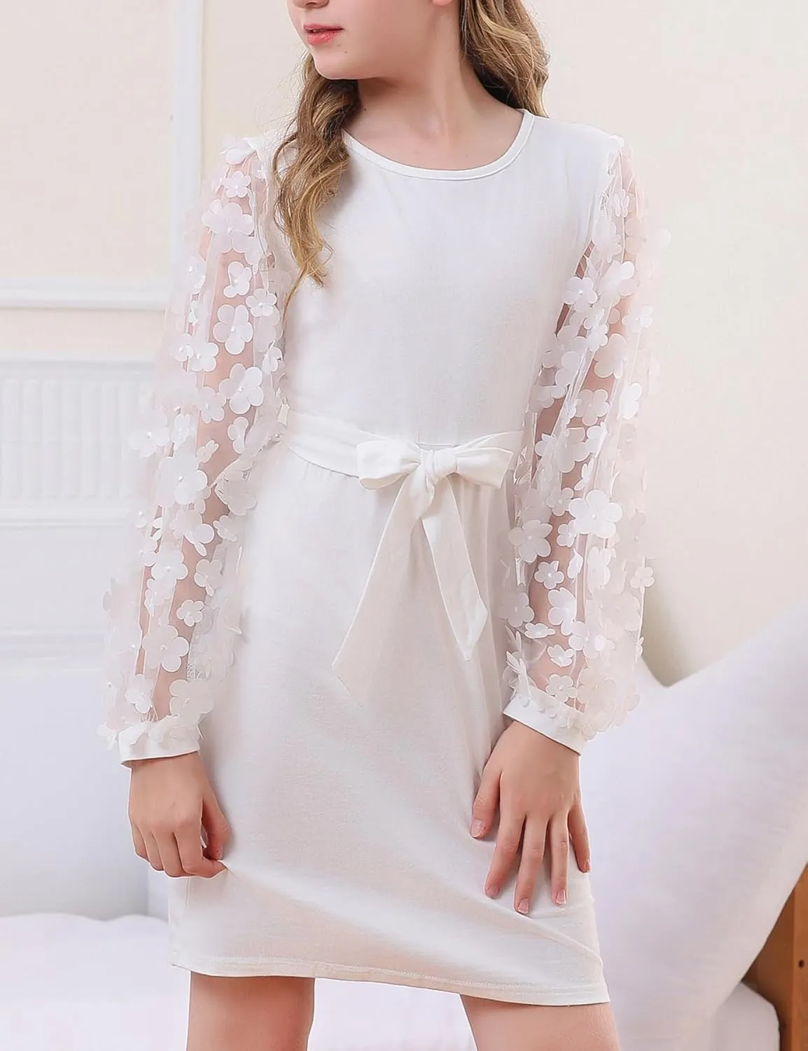ALISISTER Girls Puff Dress Formal Mesh Sheer Long Sleeve Dresses 7-14 Years