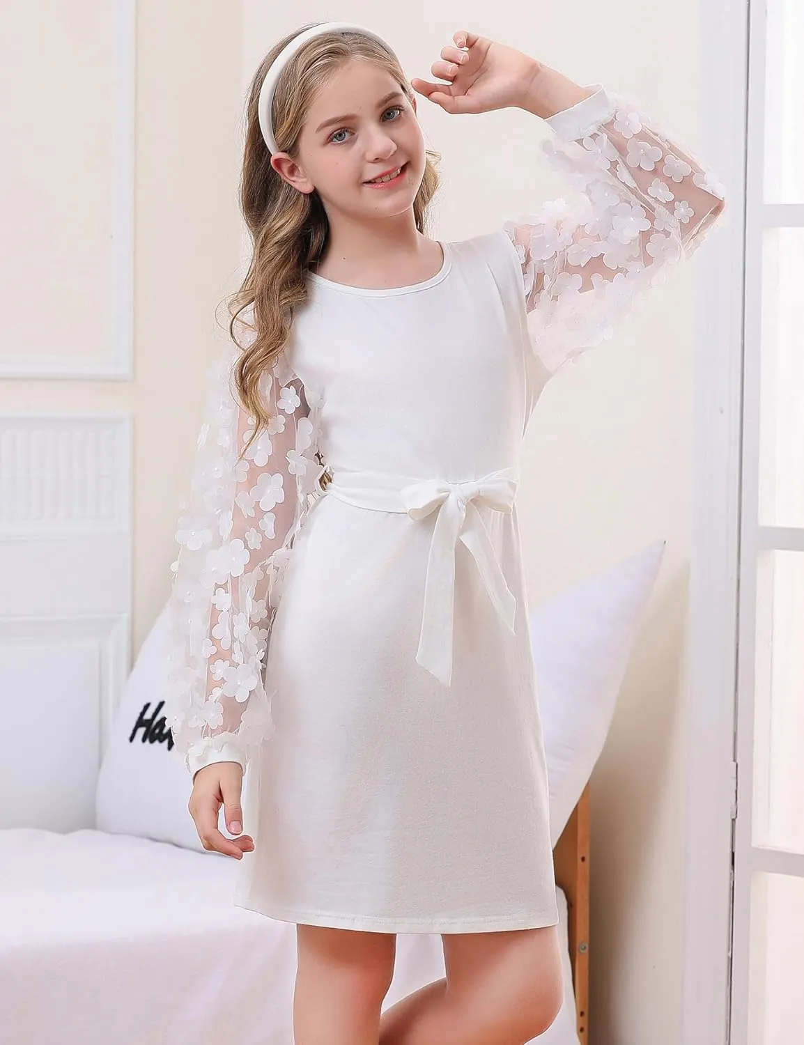 ALISISTER Girls Puff Dress Formal Mesh Sheer Long Sleeve Dresses 7-14 Years