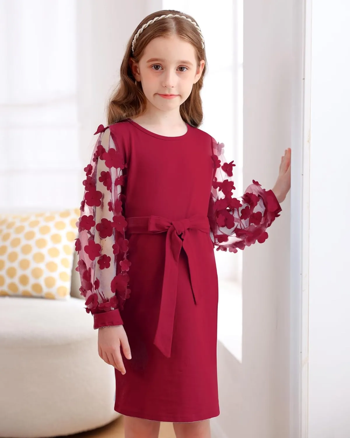 ALISISTER Girls Puff Dress Formal Mesh Sheer Long Sleeve Dresses 7-14 Years