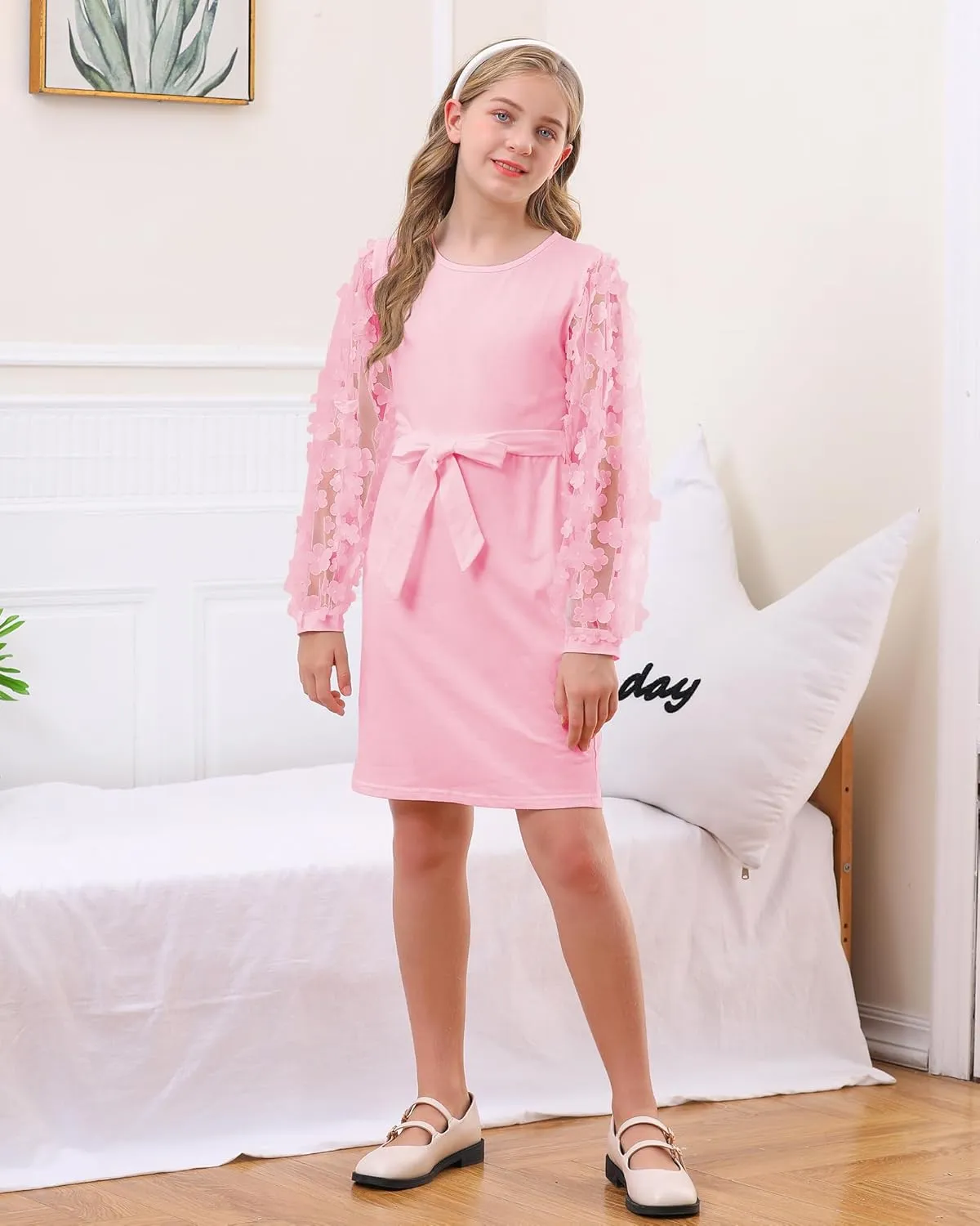 ALISISTER Girls Puff Dress Formal Mesh Sheer Long Sleeve Dresses 7-14 Years
