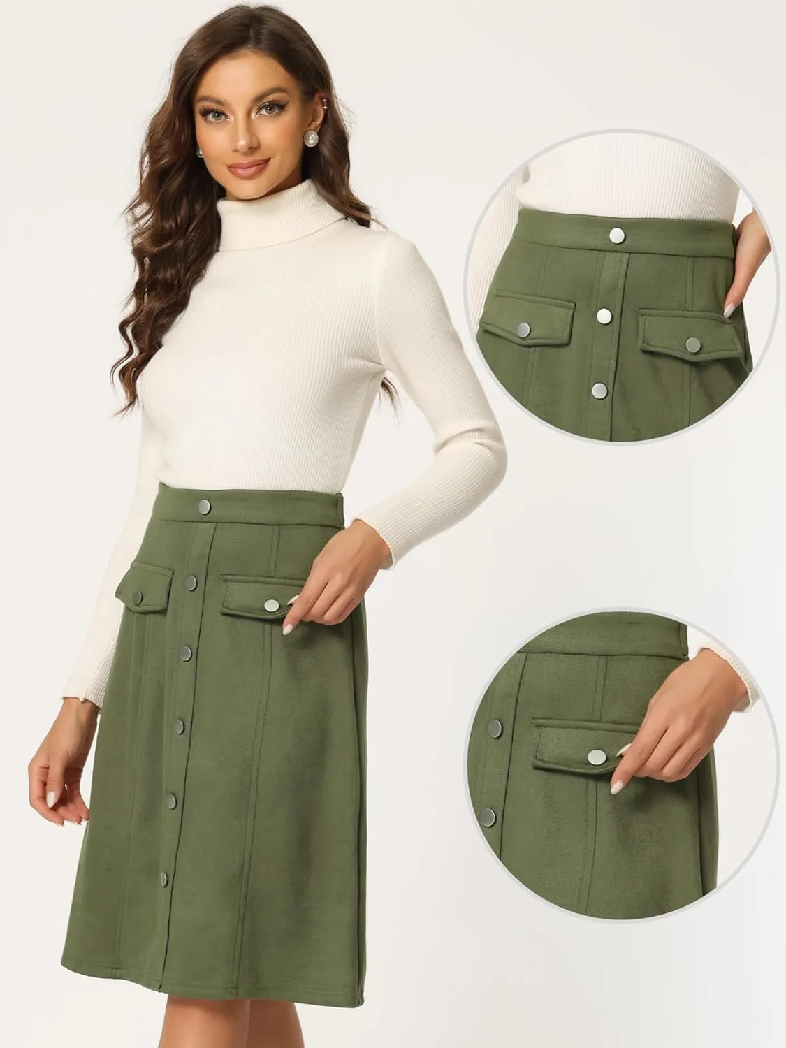 Allegra K Faux Suede Skirt for Women's Button Front High Waist 2024 Fall Knee Length A-Line Skirts