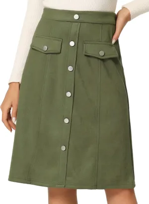Allegra K Faux Suede Skirt for Women's Button Front High Waist 2024 Fall Knee Length A-Line Skirts