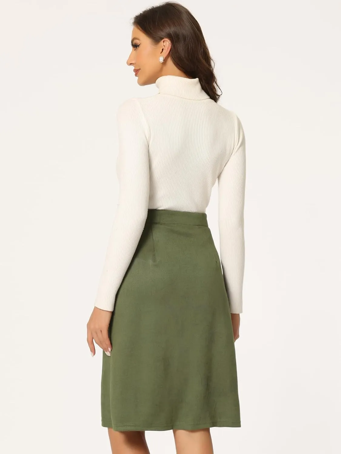 Allegra K Faux Suede Skirt for Women's Button Front High Waist 2024 Fall Knee Length A-Line Skirts
