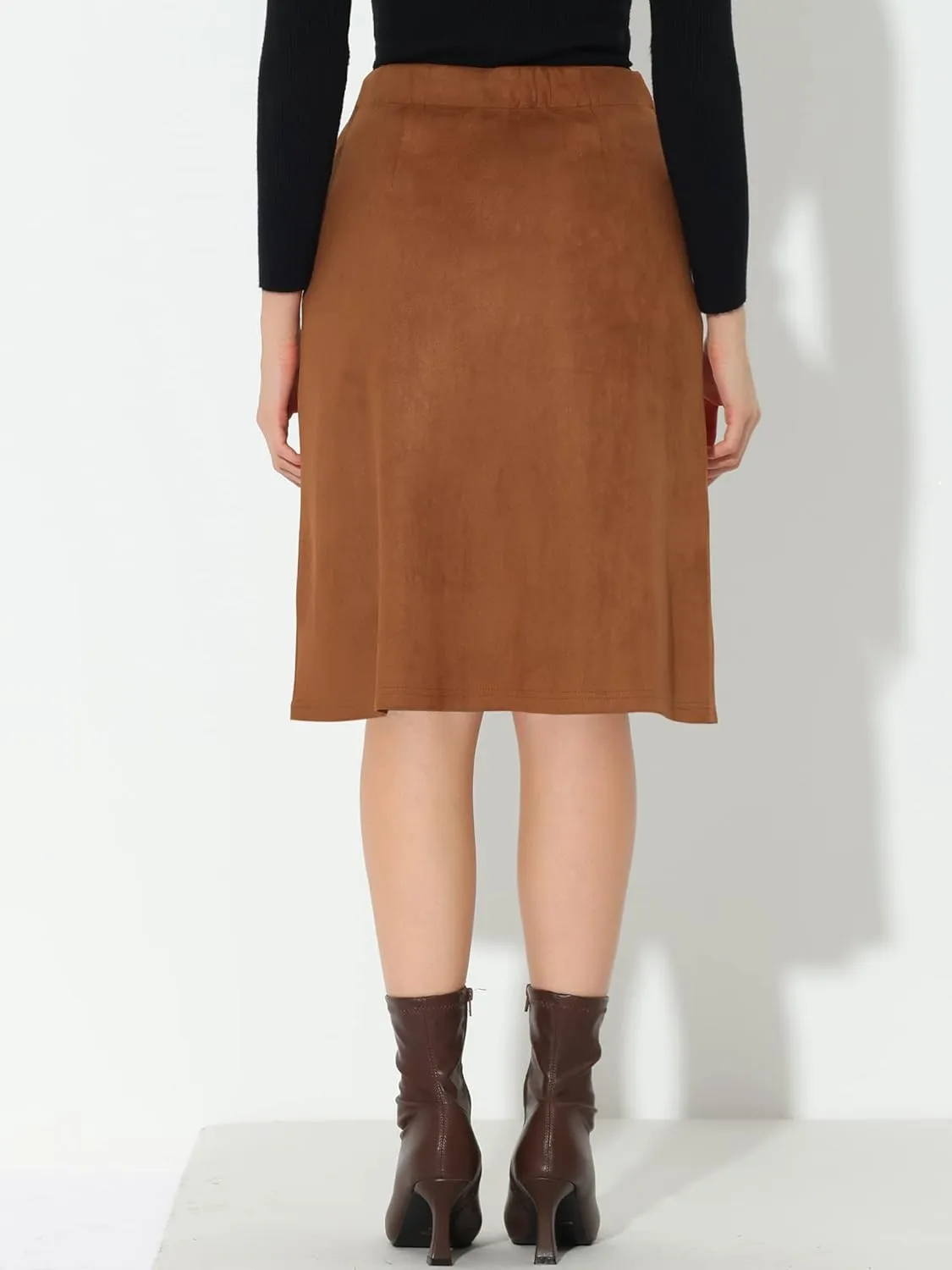 Allegra K Faux Suede Skirt for Women's Button Front High Waist 2024 Fall Knee Length A-Line Skirts