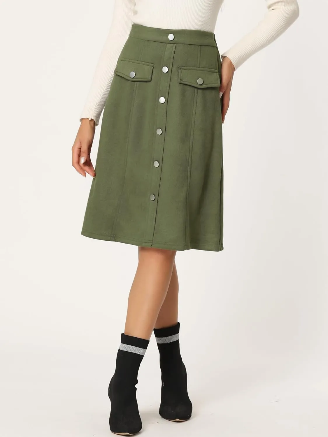 Allegra K Faux Suede Skirt for Women's Button Front High Waist 2024 Fall Knee Length A-Line Skirts