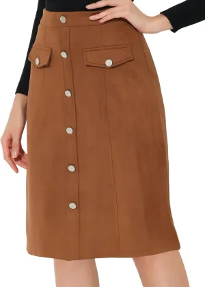 Allegra K Faux Suede Skirt for Women's Button Front High Waist 2024 Fall Knee Length A-Line Skirts