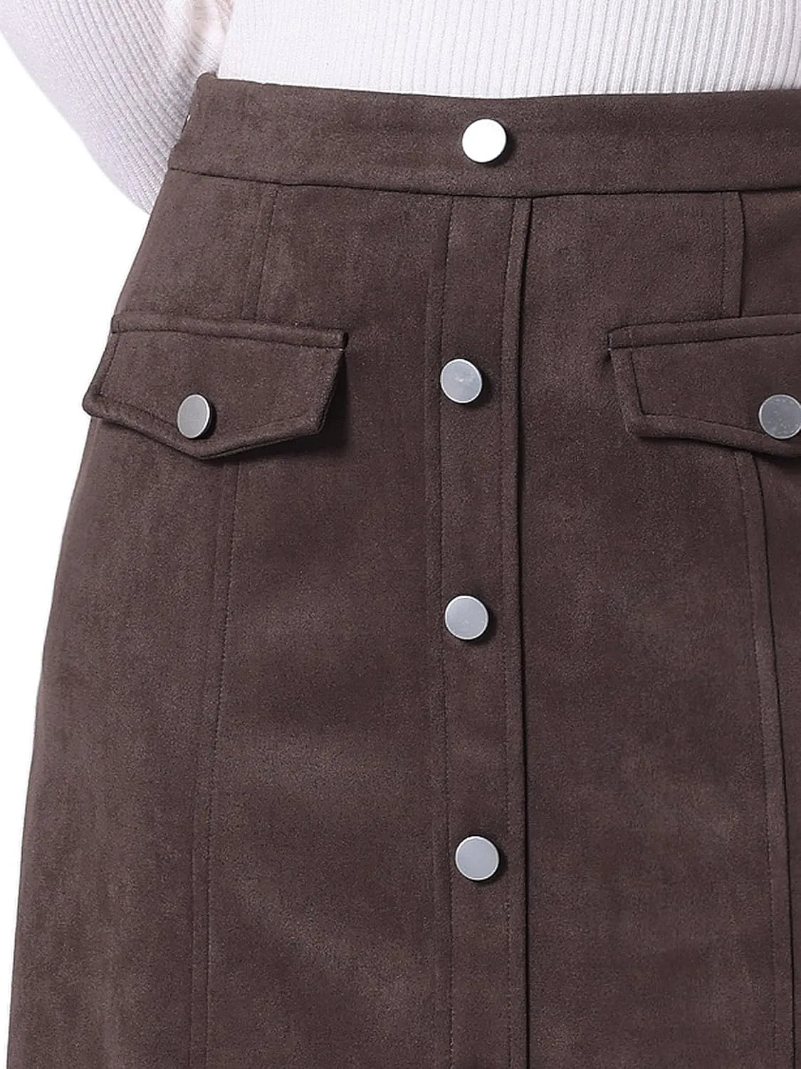Allegra K Faux Suede Skirt for Women's Button Front High Waist 2024 Fall Knee Length A-Line Skirts