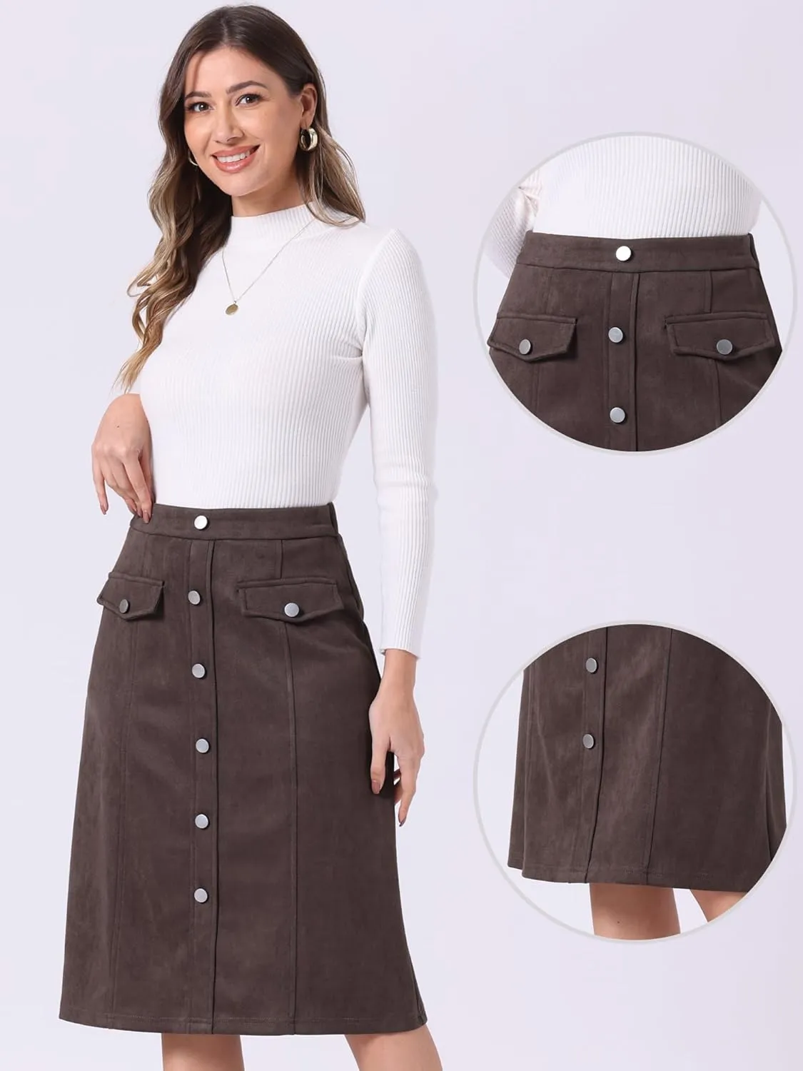 Allegra K Faux Suede Skirt for Women's Button Front High Waist 2024 Fall Knee Length A-Line Skirts