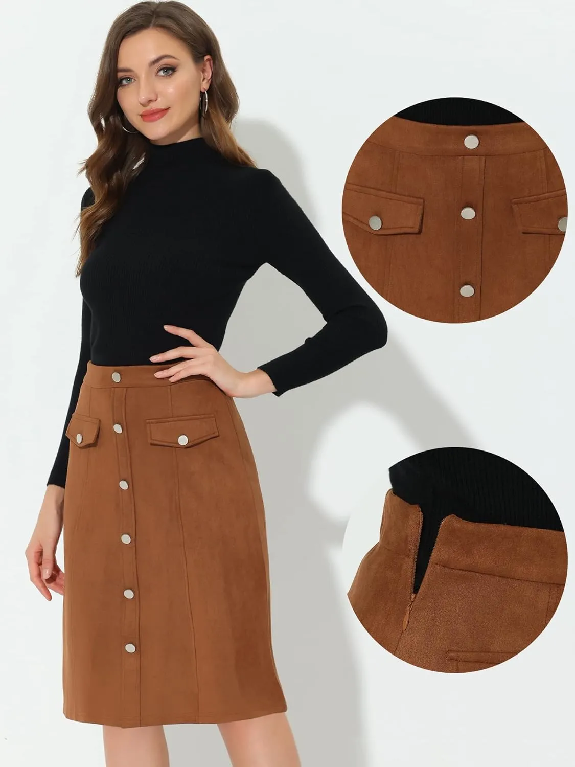Allegra K Faux Suede Skirt for Women's Button Front High Waist 2024 Fall Knee Length A-Line Skirts