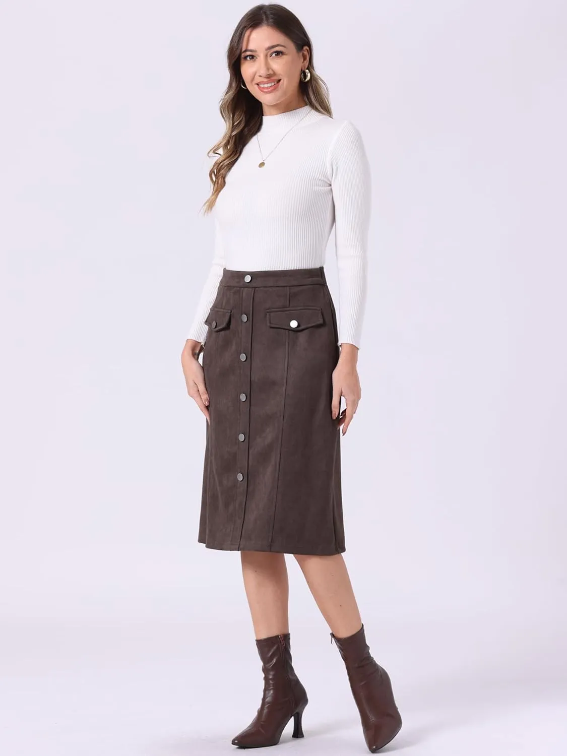 Allegra K Faux Suede Skirt for Women's Button Front High Waist 2024 Fall Knee Length A-Line Skirts