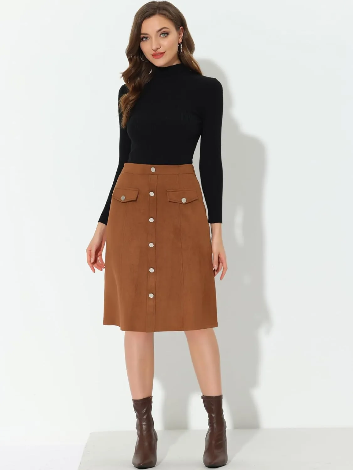 Allegra K Faux Suede Skirt for Women's Button Front High Waist 2024 Fall Knee Length A-Line Skirts
