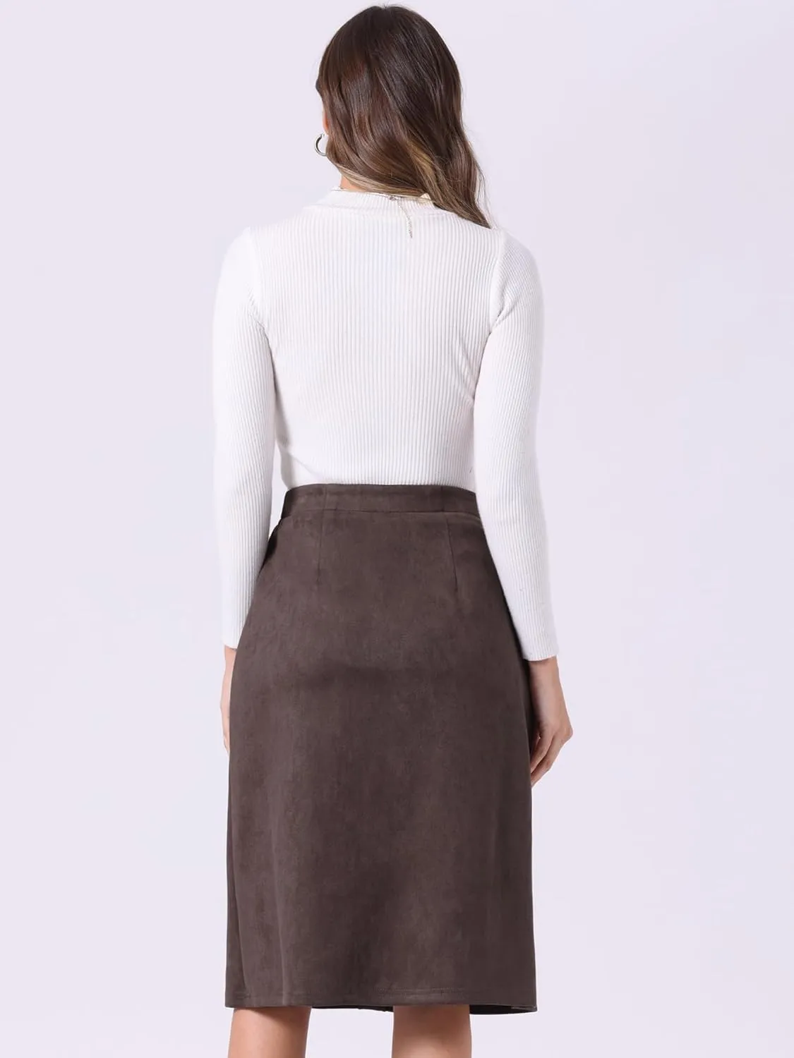 Allegra K Faux Suede Skirt for Women's Button Front High Waist 2024 Fall Knee Length A-Line Skirts