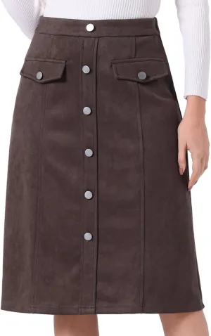 Allegra K Faux Suede Skirt for Women's Button Front High Waist 2024 Fall Knee Length A-Line Skirts