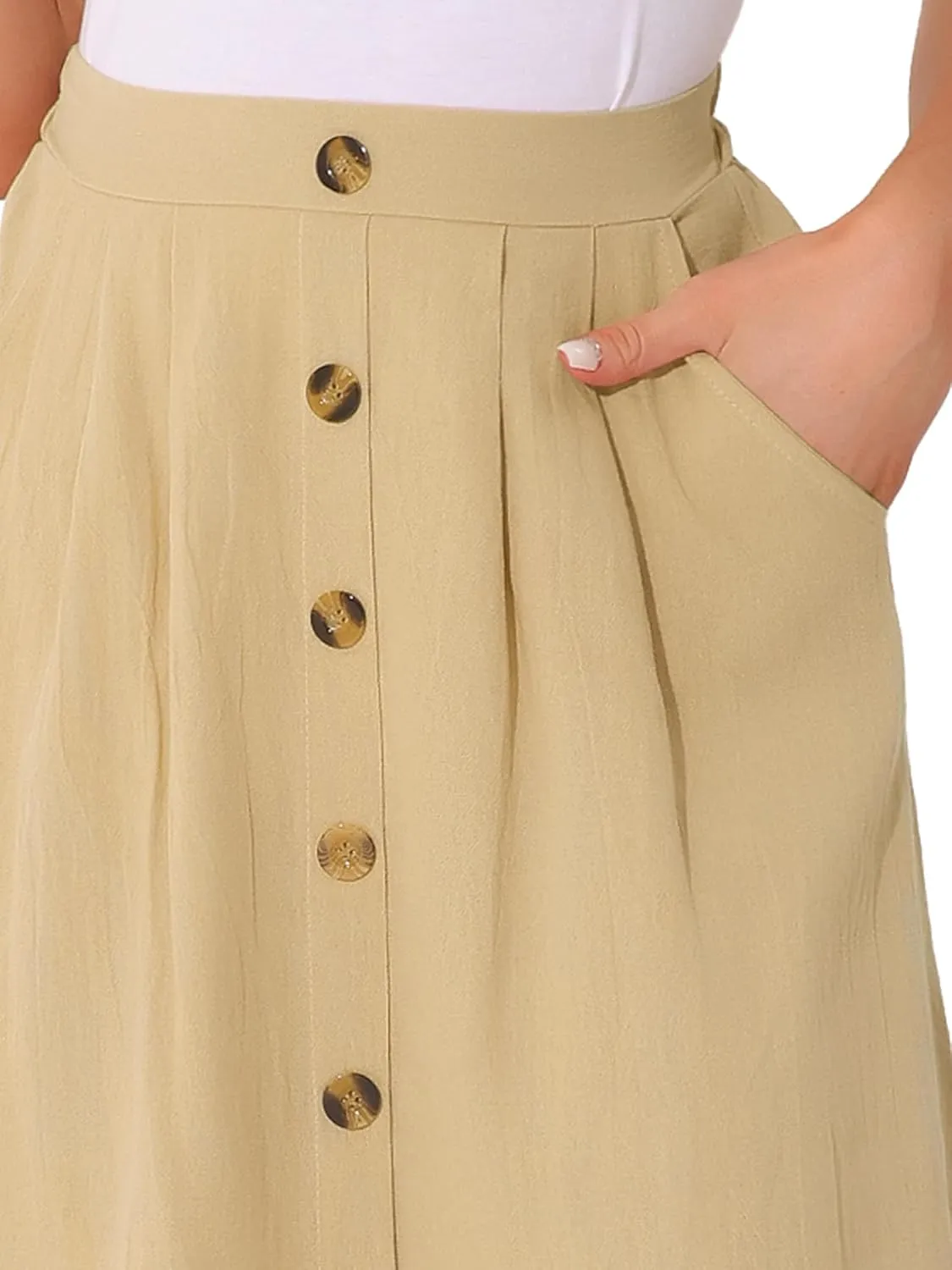 Allegra K Midi Skirts for Women Casual High Elastic Waist Button Pleated Linen A Line Skirts with Pockets