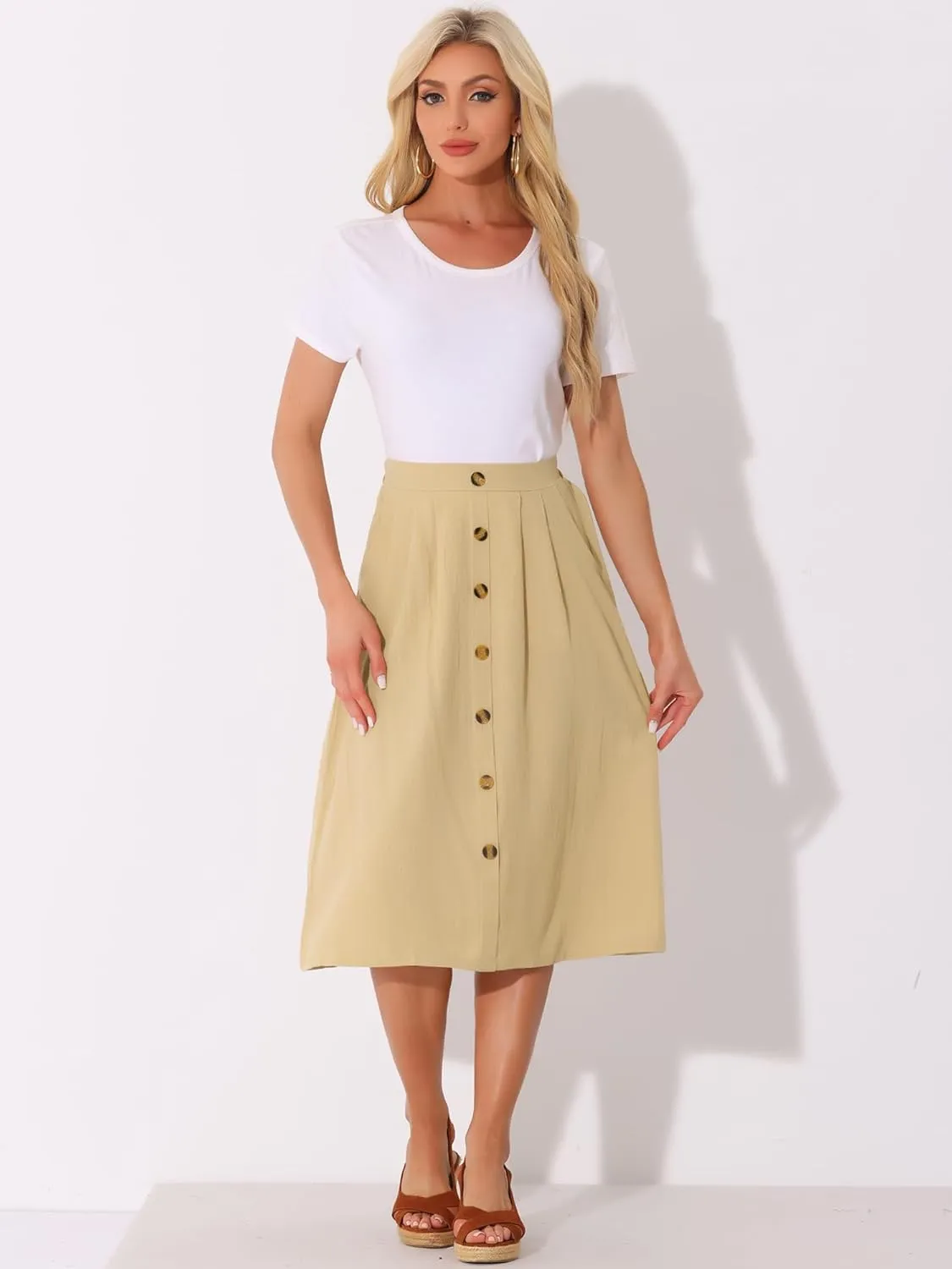 Allegra K Midi Skirts for Women Casual High Elastic Waist Button Pleated Linen A Line Skirts with Pockets