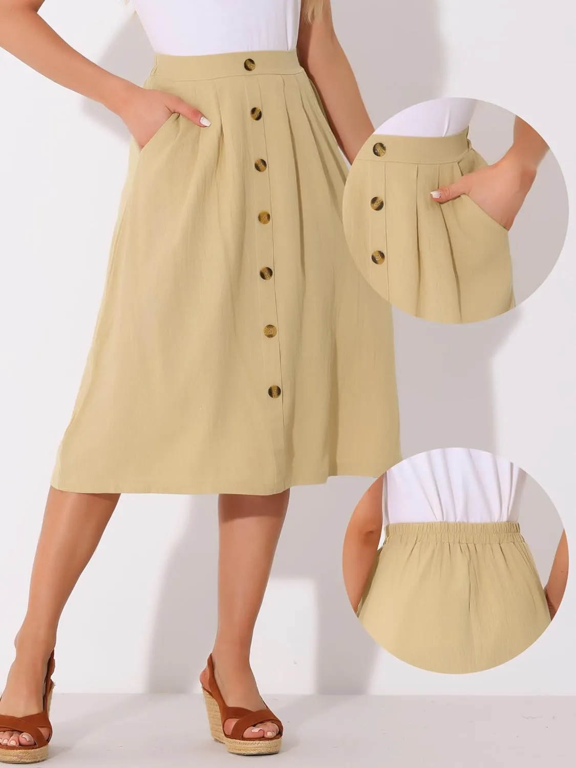 Allegra K Midi Skirts for Women Casual High Elastic Waist Button Pleated Linen A Line Skirts with Pockets