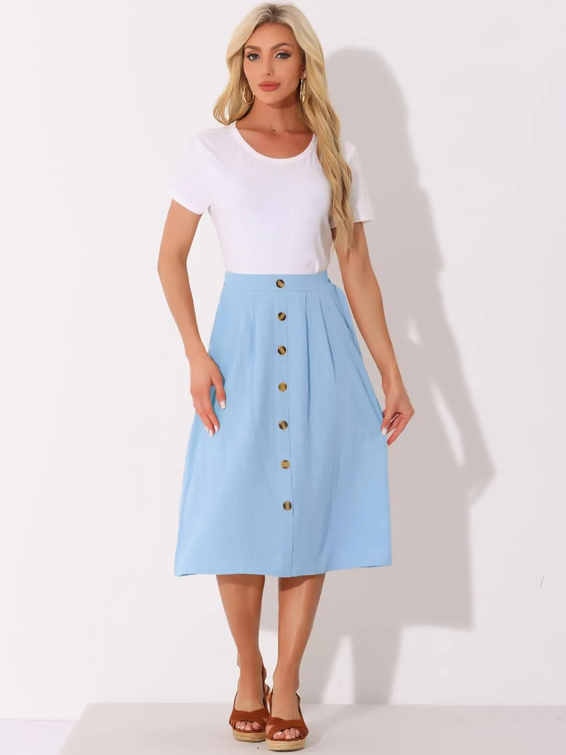Allegra K Midi Skirts for Women Casual High Elastic Waist Button Pleated Linen A Line Skirts with Pockets