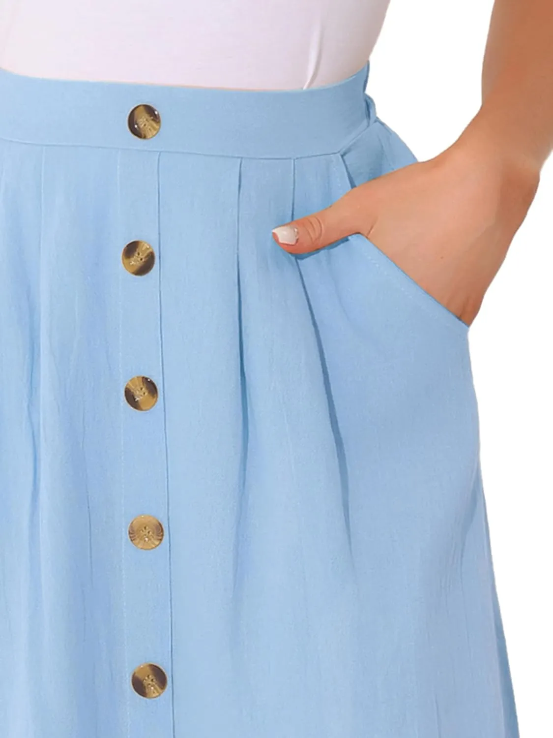 Allegra K Midi Skirts for Women Casual High Elastic Waist Button Pleated Linen A Line Skirts with Pockets