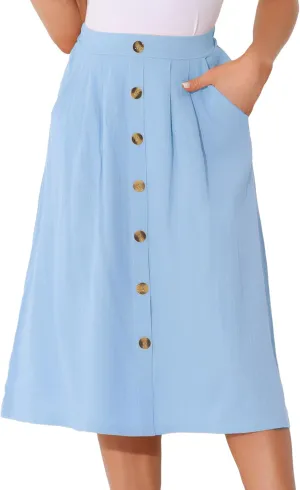 Allegra K Midi Skirts for Women Casual High Elastic Waist Button Pleated Linen A Line Skirts with Pockets