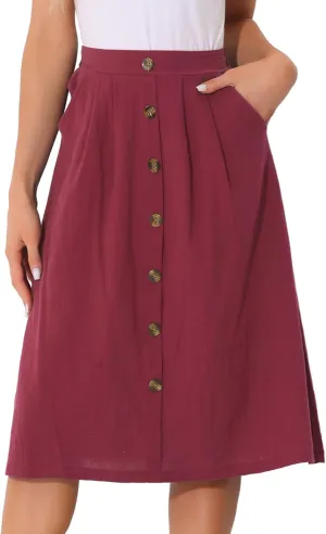 Allegra K Midi Skirts for Women Casual High Elastic Waist Button Pleated Linen A Line Skirts with Pockets