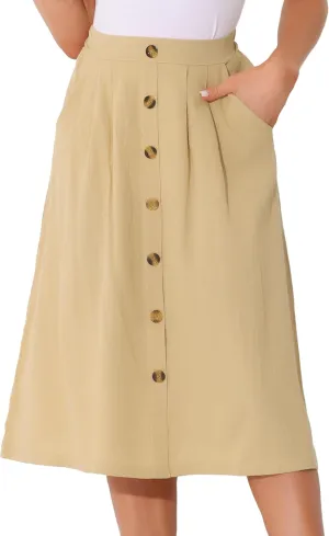 Allegra K Midi Skirts for Women Casual High Elastic Waist Button Pleated Linen A Line Skirts with Pockets