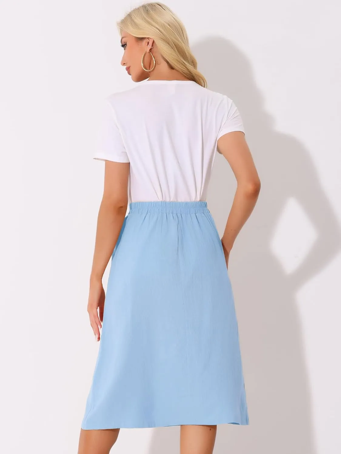 Allegra K Midi Skirts for Women Casual High Elastic Waist Button Pleated Linen A Line Skirts with Pockets