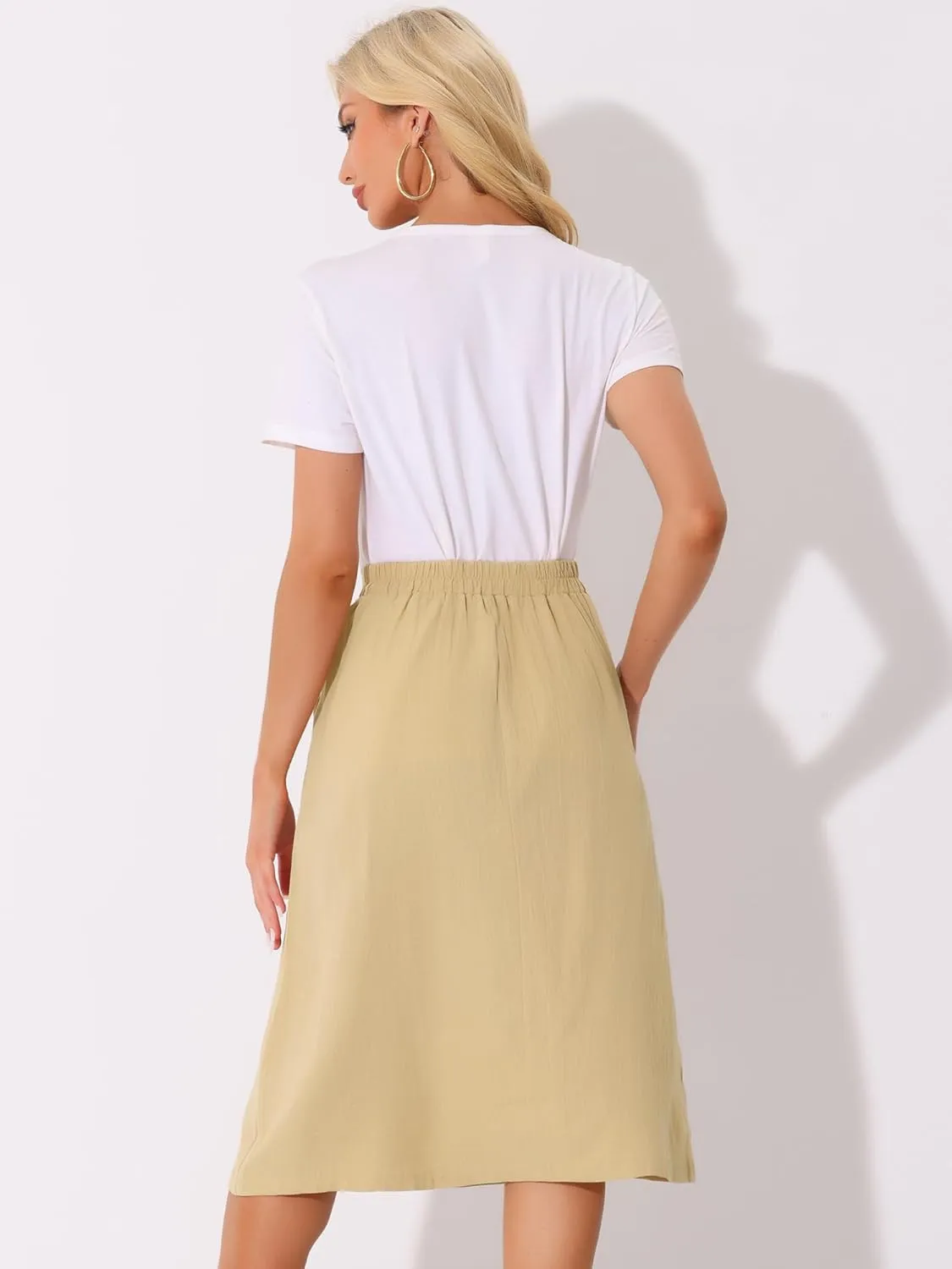 Allegra K Midi Skirts for Women Casual High Elastic Waist Button Pleated Linen A Line Skirts with Pockets