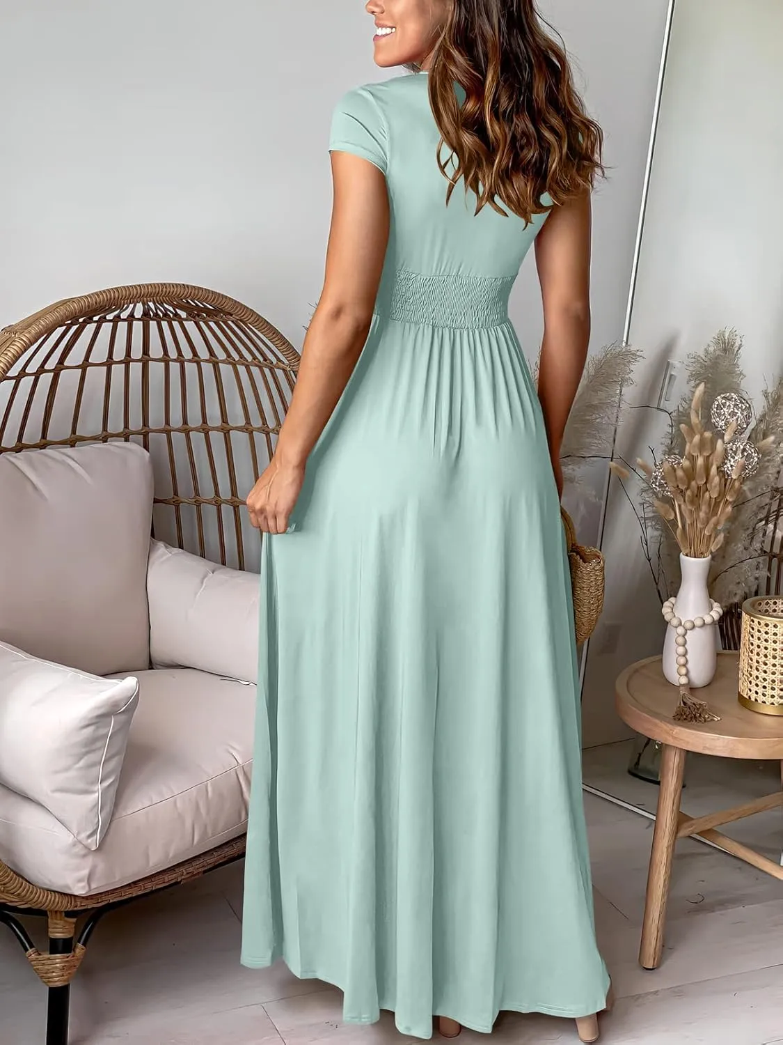 ANRABESS Women Summer Deep V Neck Short Sleeve Dresses Slit Elegant Wedding Guest Formal Cocktail Evening Maxi Long Dress