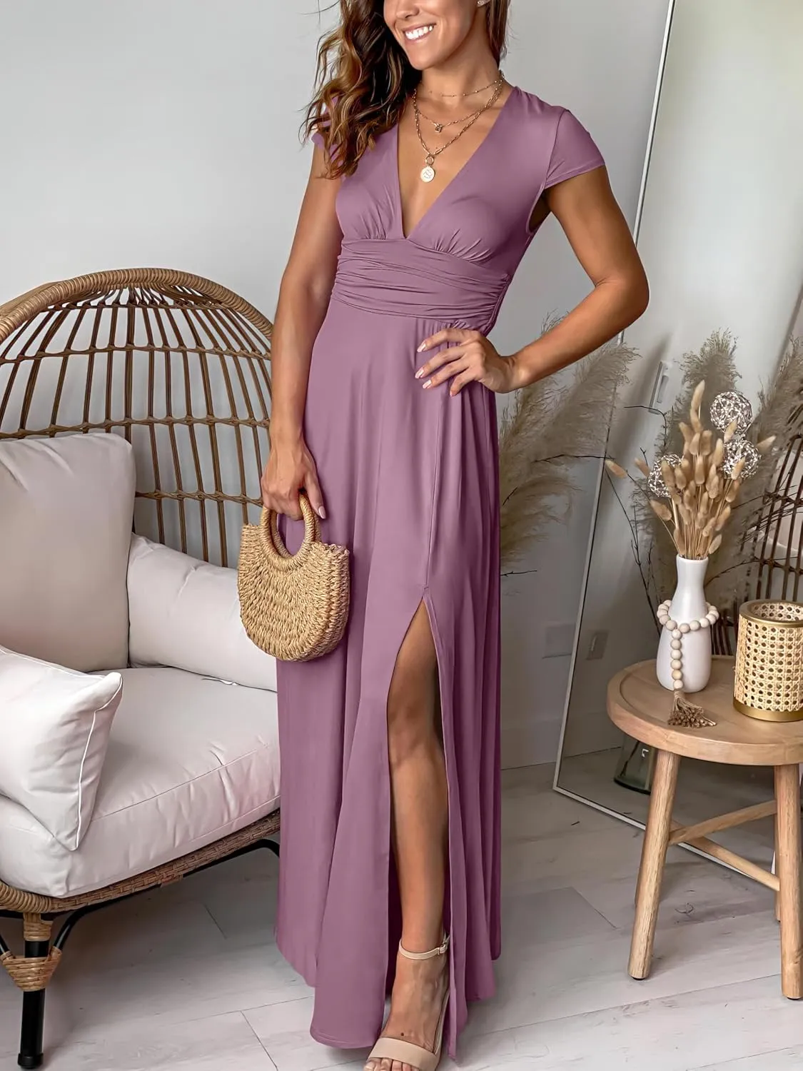 ANRABESS Women Summer Deep V Neck Short Sleeve Dresses Slit Elegant Wedding Guest Formal Cocktail Evening Maxi Long Dress