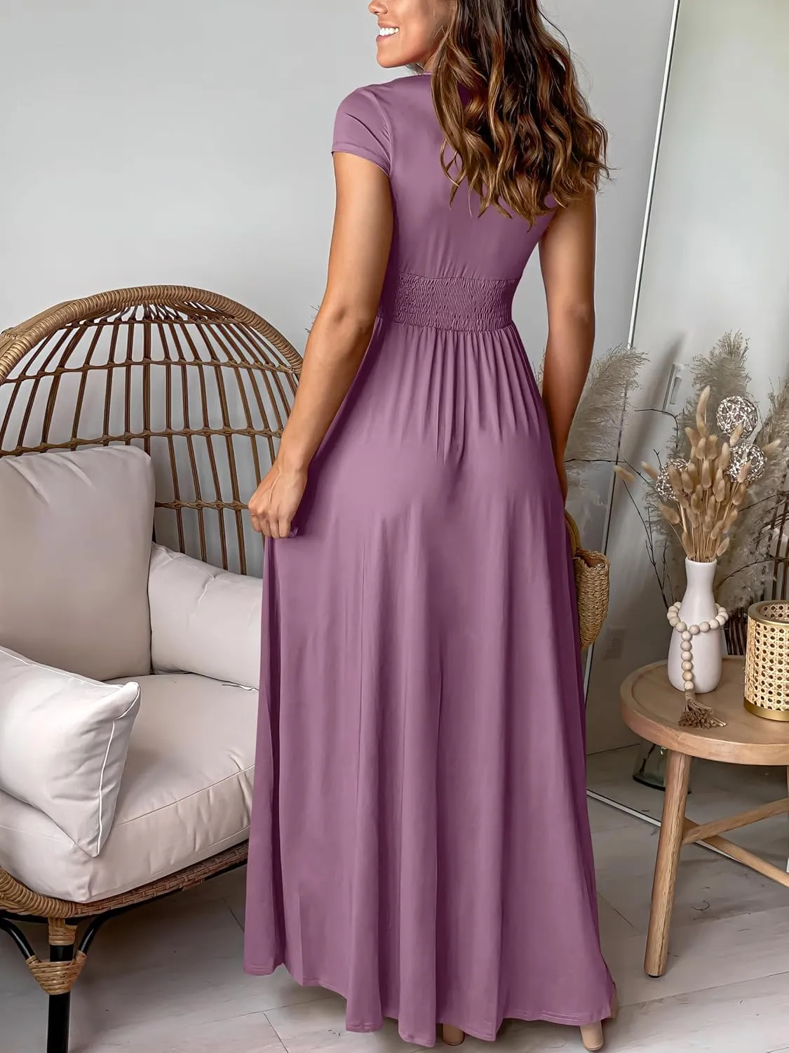 ANRABESS Women Summer Deep V Neck Short Sleeve Dresses Slit Elegant Wedding Guest Formal Cocktail Evening Maxi Long Dress
